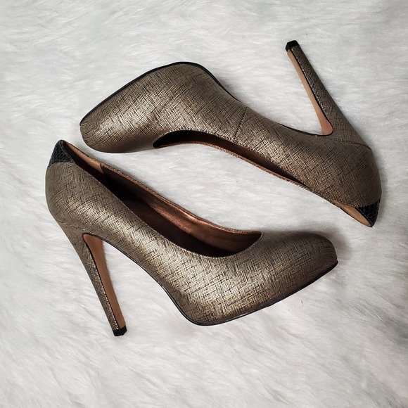 Sam Edelman | Yasmine Gold Leather Platform Almond Toe Heels, 7 - Picture 1 of 9